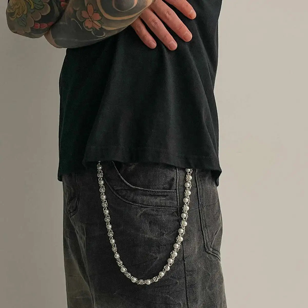 Punk Imitation Pearl Trousers Hipster Pant Jean Keychain Ring Clip for Men Tassel Bag Handbag Chain Women Jewelry Gift