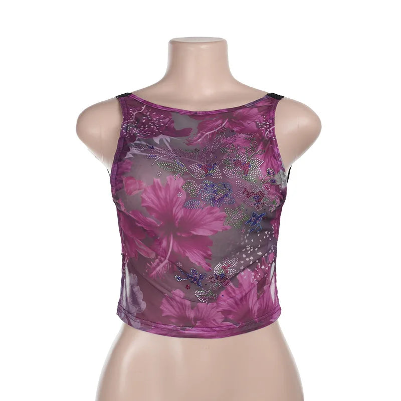Flower Rhinestone Mesh Backless Tank Top Sexy Club Wear Sleeveless Crop Top 2025 Summer Woman Clothes