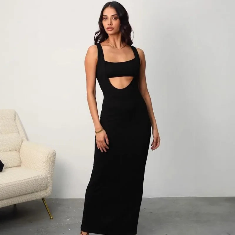 Sleeveless Bodycon Long Dresses Sexy Vacation Outfits for Females Two Pieces Dress Suits Black Purple