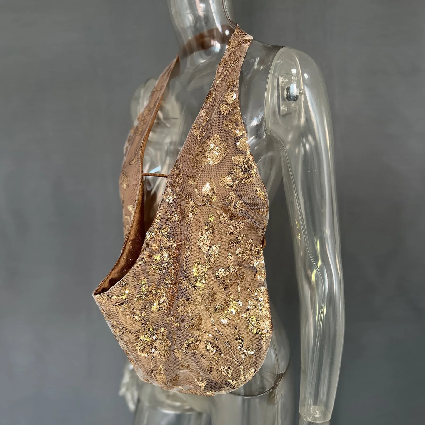 Woman Summer Top Embellished Mesh Tanks & Camis Boho Vacation Sexy Sequin Floral V Neck Backless Halter Tops