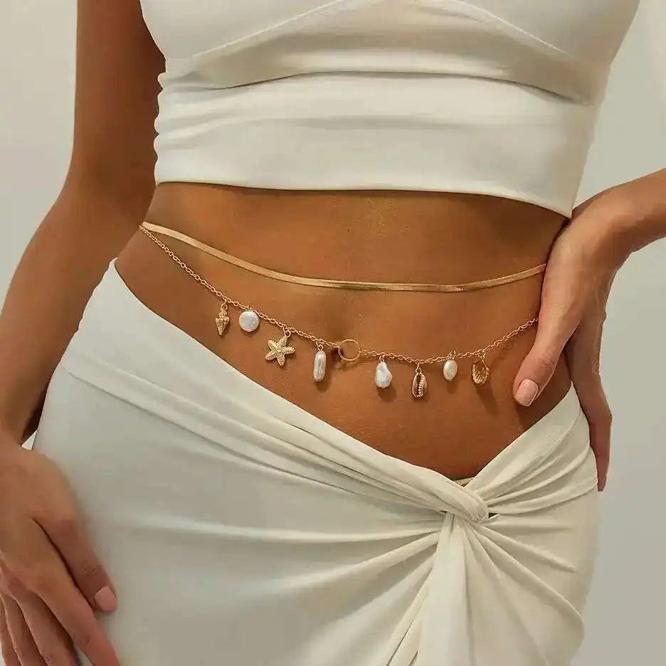 2Pcs/Set Summer Beach Vacation Sexy Bikini Waist Chain Boho Imitation Pearl Starfish Conch Pendant Body Chain Jewelrry
