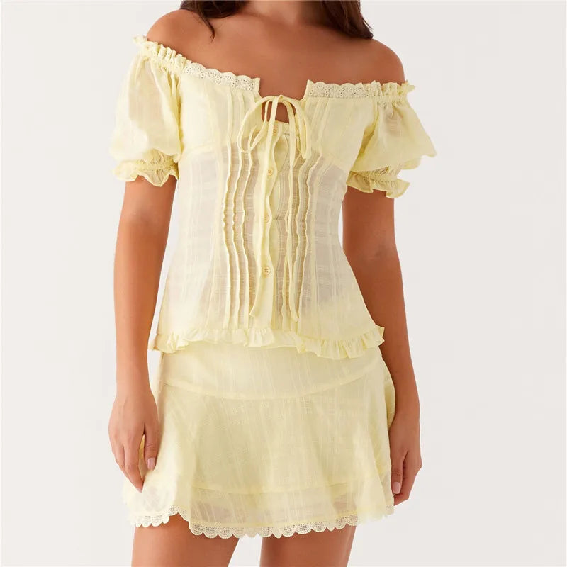 Women Aesthetic Skirts Set Y2k Ruched Button Up Crop Top + Skirt Vintage Puff Sleeve Milkmaid Tees Sweet Girl Streetwear