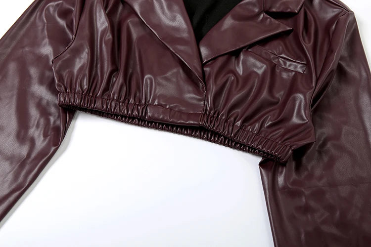 High Street Style 2Piece Set Woman Faux Leather Zip Cardigan Navel Exposed Jacket+Elastic waist Pant Autumn Trend Outfits