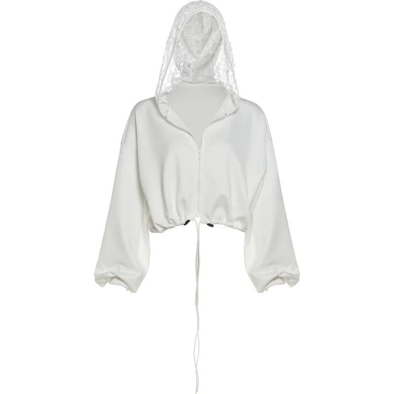 Jacquard Hooded Crop Jacket Women Trend Autumn Fashion Pleats Zip Patchwork Full Sleeve Trend Street Sporty Outfits