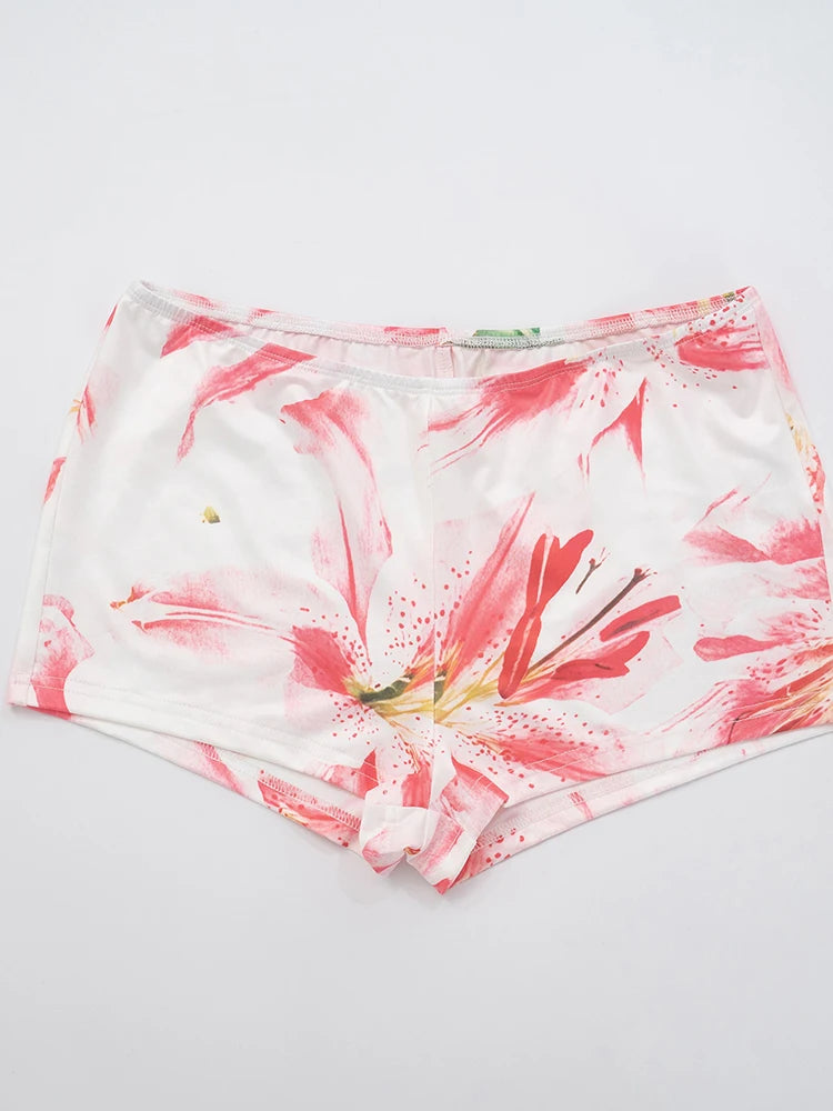 Summer Floral Print 2 Piece Set Women Slash Neck Irregular Hem Crop Tops+Skinny Shorts Vacation Style Classic Outfits