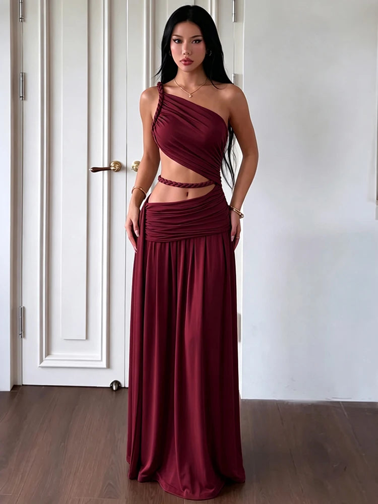 Sexy Rope Patchwork Dress Women Fashion Hollow Skew Collar Ruched Ribbon Sleeveless Elegant Vacation Party Bodycon