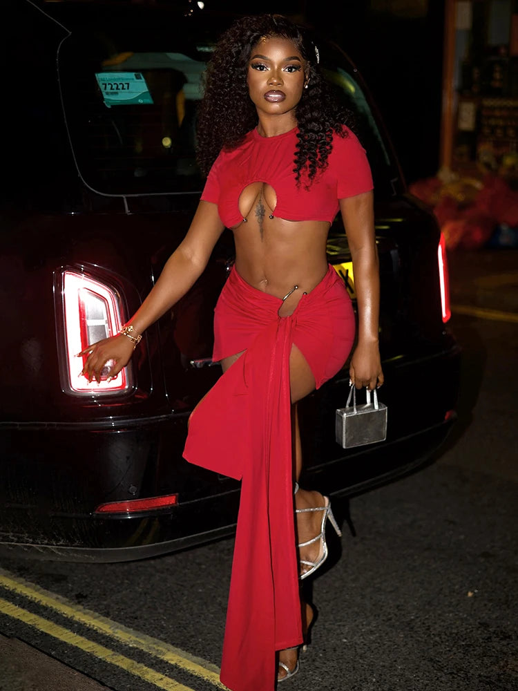 Summer 2 Piece Set Women Solid Shorts Sleeve Ruched Brooch Crop Tops+Irregular Ribbon Skirts Matching Club Outfits