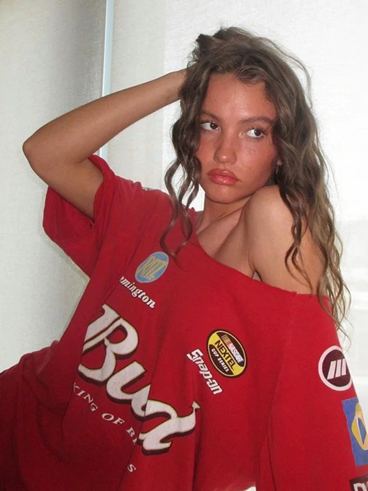 Letter Print t-Shirt Women Flash Enlarged Collar Hipster Hip-Hop Style Street Trend Summer Basic Daily Summer Tops