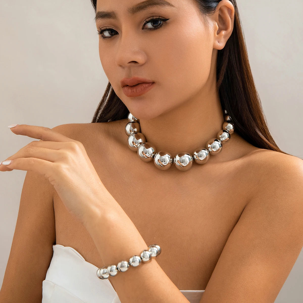 2Pcs Goth Creative Big CCB Beads Chain Necklace Bracelet for Women Vintage Adjustable Choker Grunge Jewelry Set Steampunk Men