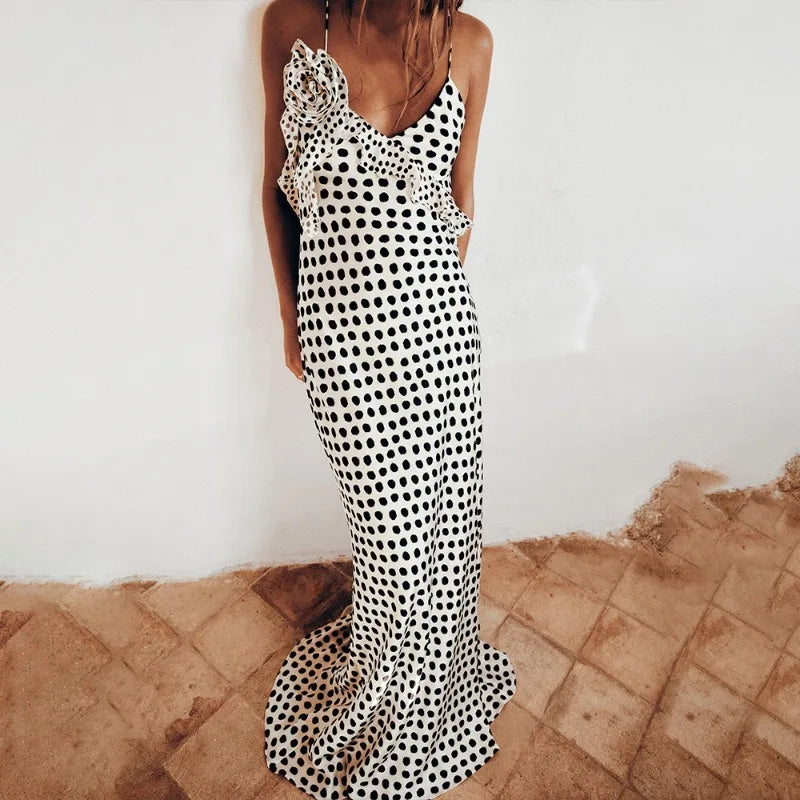 Polka-dot Vacation Beach Dresses Woman Summer Elegant Sexy 3d Floral-applique Ruffle Backless Maxi Dress