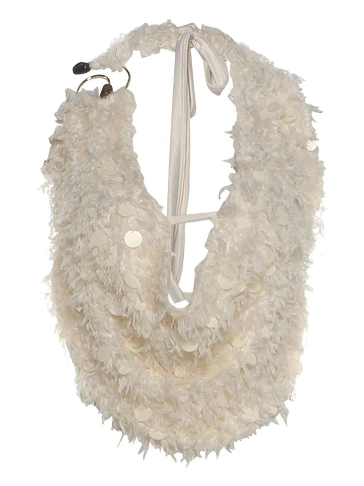 Furry Tassel Decoration Tank Tops Woman Sequin Patchwork Halter Swing Collar Backless Summer Street Fashion Vests