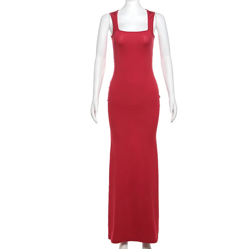 Square Neck Sleeveless Long Dress Red Black White Dresses Woman Elegant Party Sexy Summer Clothes
