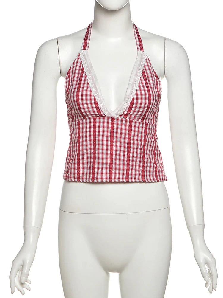 Sexy 2-Piece Set Women Striped Print Bandage Halter Patchwork Lace Backless Tank Tops+Puffy Shorts Matching Clubwear