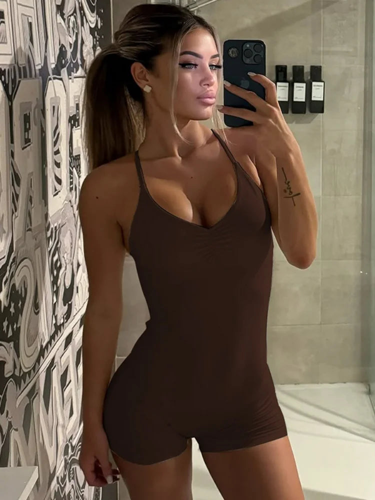 One Pieces Black Rompers Sexy Fitness Yoga Halter Backless Sleeveless Jumpsuits Shorts Women Clothing