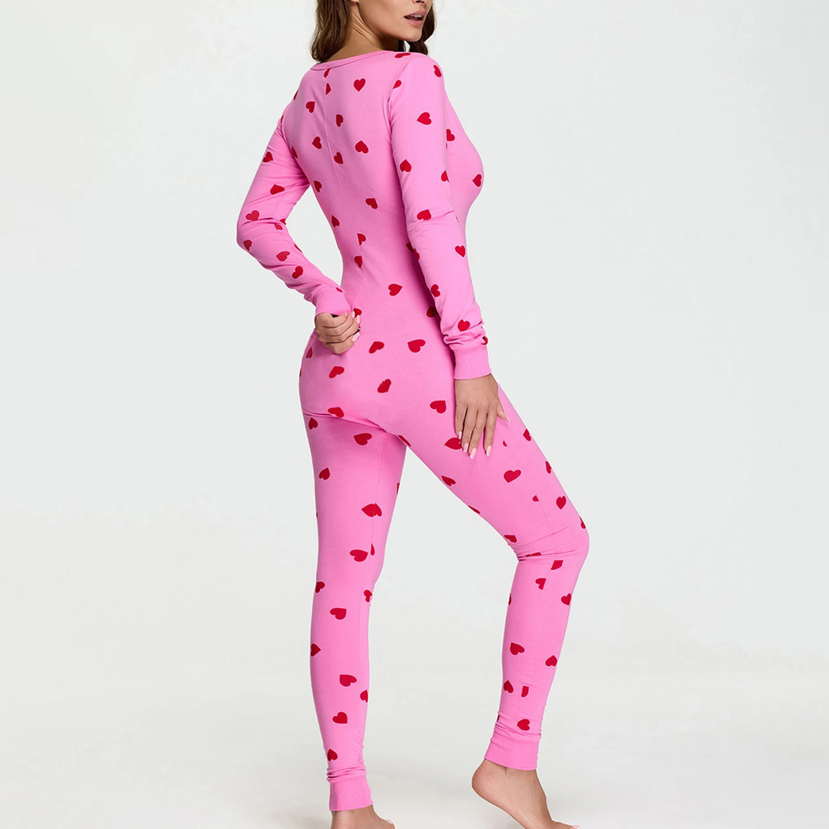Women Bodycon Jumpsuits Heart Print V-Neck Long Sleeve Rompers Fall Winter Casual Playsuits Valentine's Day Clothes