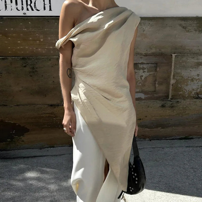 Twisted One Shoulder Asymmetrical Tops Ladies Elegant Fashion Sleeveless Long Shirts & Blouses Summer