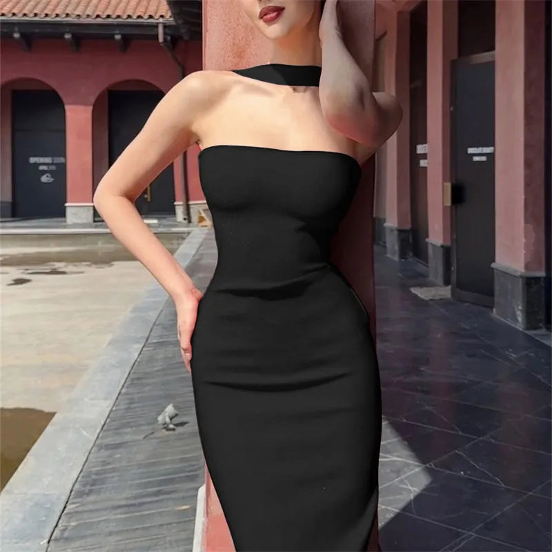 Halter Backless Split Long Dresses French Style Elegant Beautiful Ladies Dress White Black Red