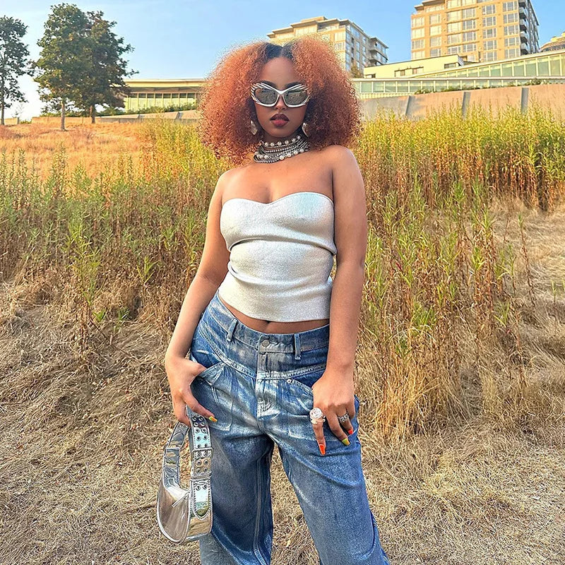 Y2k Streetwear Metallic Tube Top Gold Silver Black Vintage Sexy Crop Tops Women Clubbing Outfits