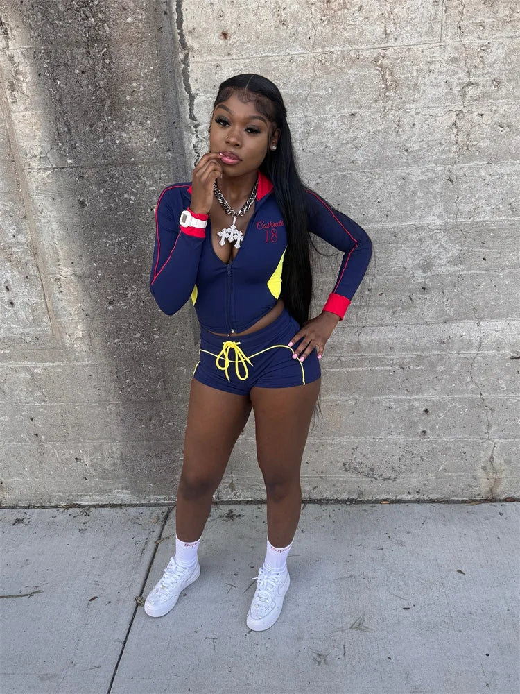 Casual Tracksuit 2-Piece Set Women Patchwork Zip Letter Print Jacket+Drawstring Shorts Matching Simple Sporty Outfit