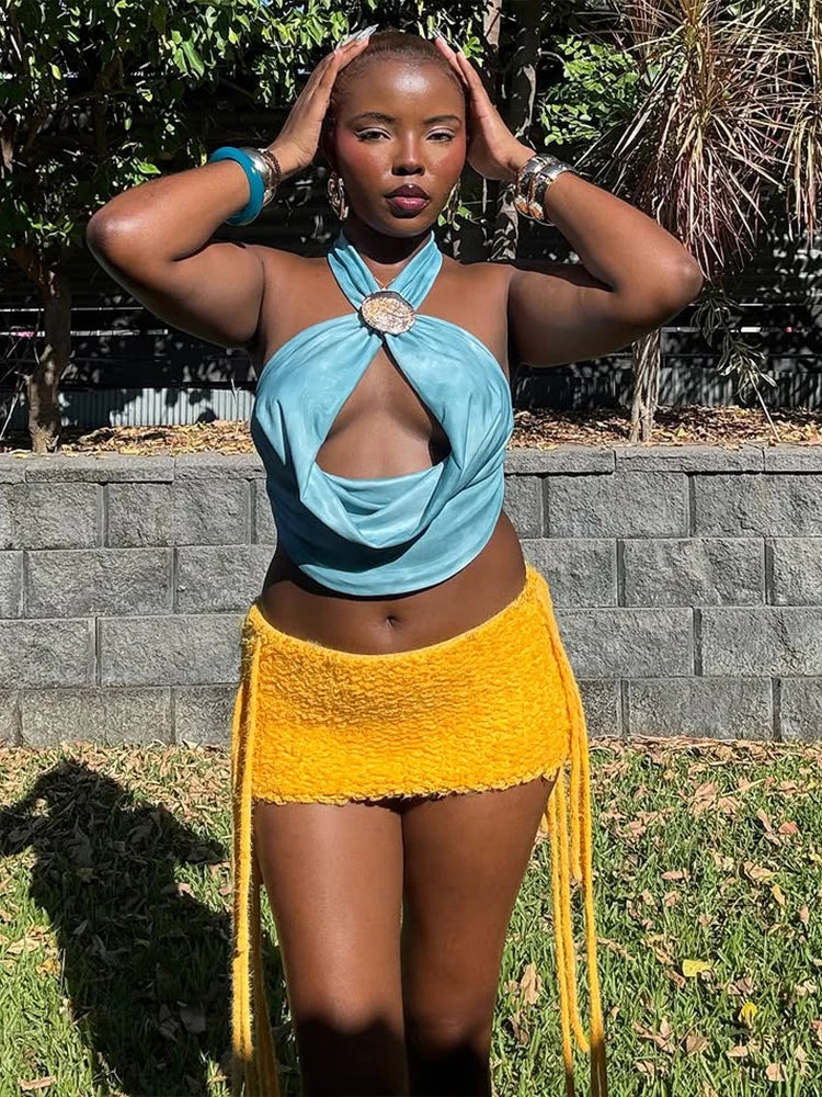 Furry Side Tassel Skirts Women Y2K Peach Hip Summer Sexy Solid Wild Basic Hipster Streetwear Skinny Slim Mini Bottom