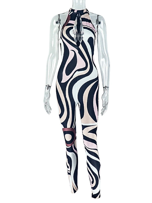 Zebra Print Jumpsuit Women o-Neck Sexy Hollow Off shoulder Sleeveless Skinny Peach Hip Hottie Street Fashion Overalls