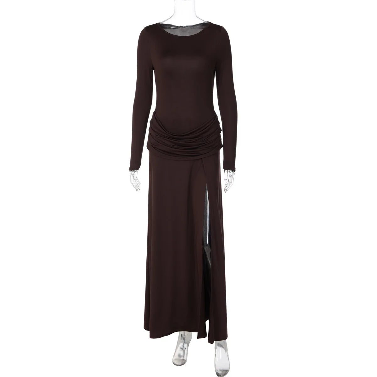 Women Long Sleeve Boat Neck Sexy Maxi Dress Draped Ruched Waist High Split Bodycon Formal Evening Party Long Dress