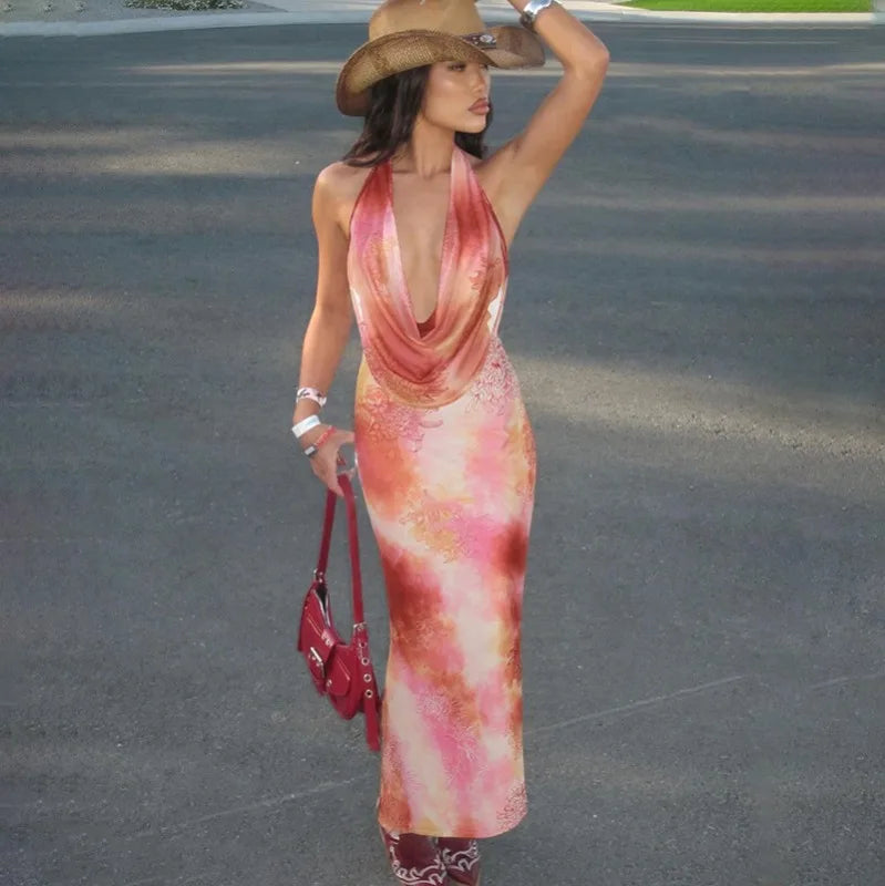 Sexy Printed Halter Backless Split Long Dresses Vacation Outfits for Womens Summer Beach Dress