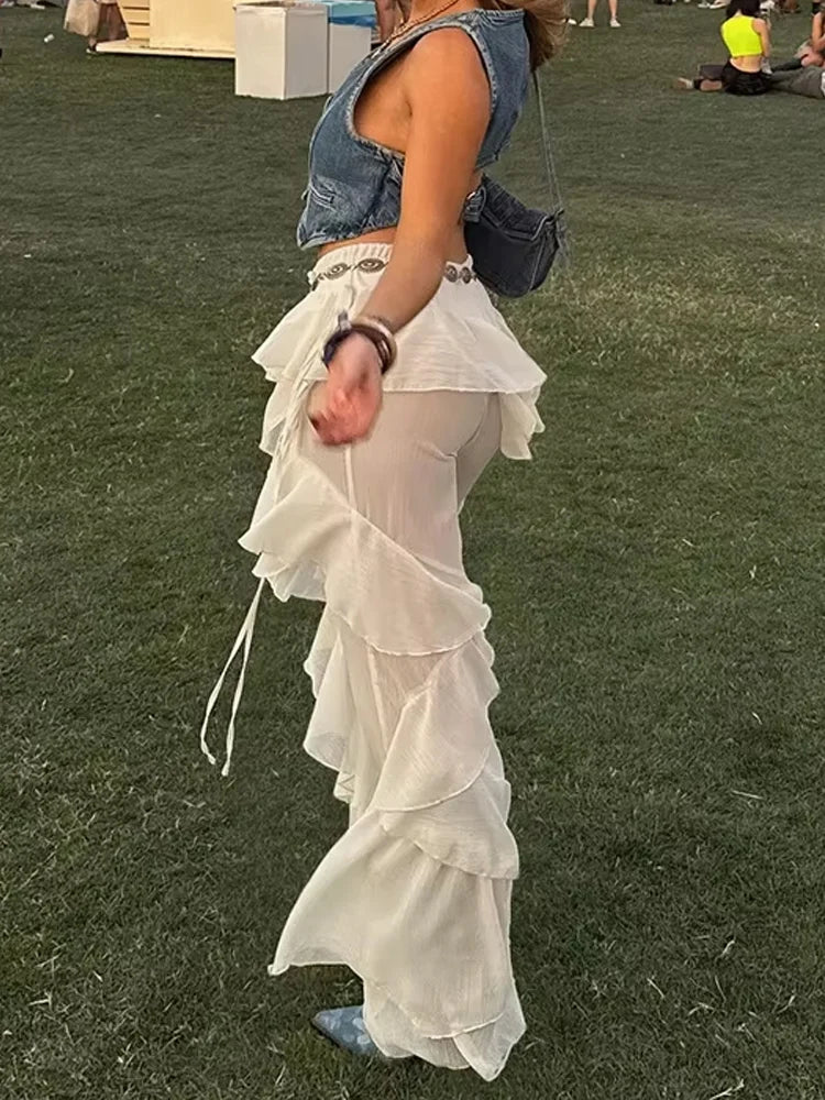 Irregular Tierred Flare Pants Women Y2K Patchwork See Through Summer Hipster Wild Basic Street Trend Classic Trousers