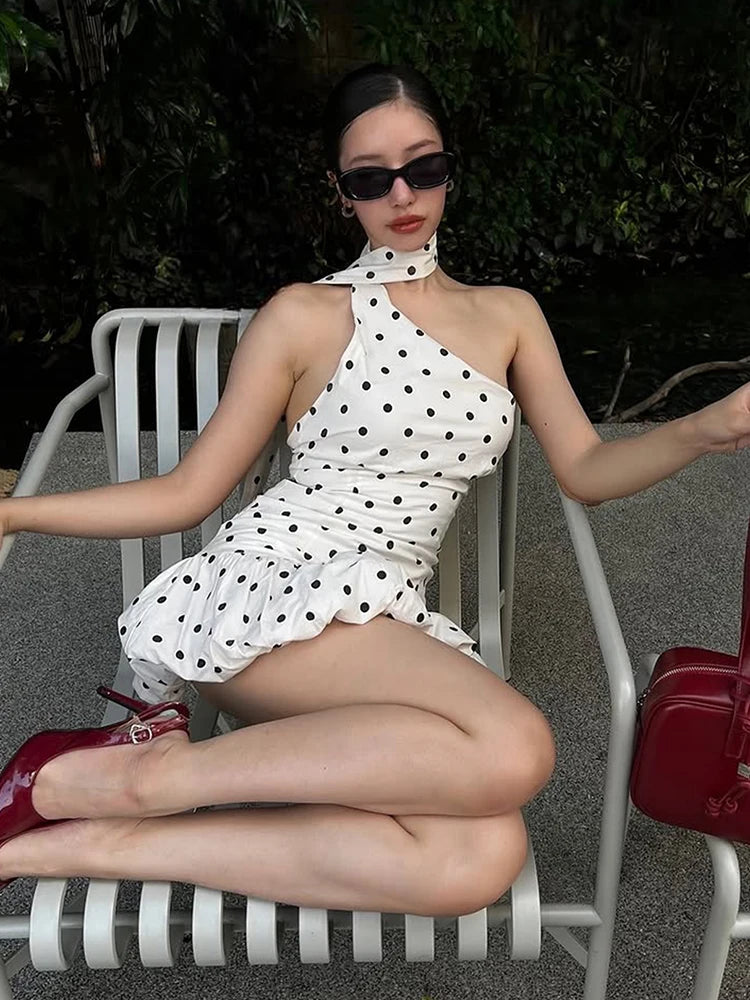 Polka Dot Print Dress Women Slanted Shoulder Scarf Folds Puffy Hem Summer Fashion Elegant Street Skinny Mini Bodycon