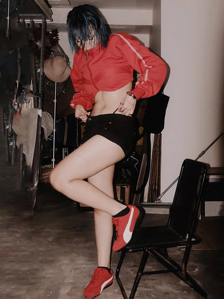 Casuals Patchwork Crop Jacket Women Y2K Hipster Elastic Cuffs Full Sleeve Zip Basic Classics Club Street Autumn Coat