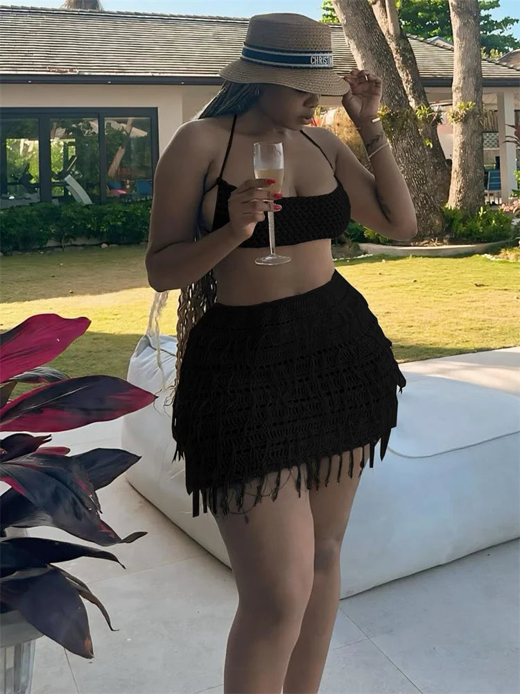 Crochet 2 Piece Set Woman Sexy Beach Vacation Backless Bandage Halter Camisole+Tassel Skirts Party Matching Clubwear