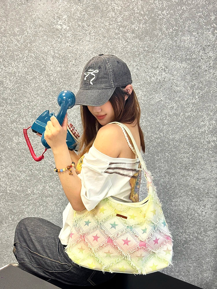 Women's Star Print Denim Hobo Bag, Gradient Color Fringed Shoulder Tote, Large Capacity Casual Aesthetic Shopper Bag