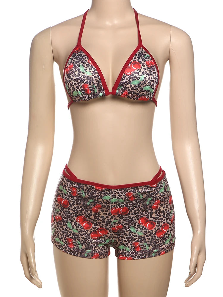 Leopard Patchwork Cherry Print 3 Piece Set Women Sexy Lace-Up Halter Bra+Thong+Skinny Shorts Beach Style Bikini Suits