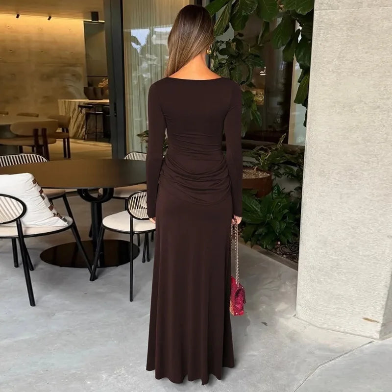 Long Sleeve Maxi Dress with Draped Waist and High Side Slit Elegant Brown Dresses for Woman Fall Winter 2026