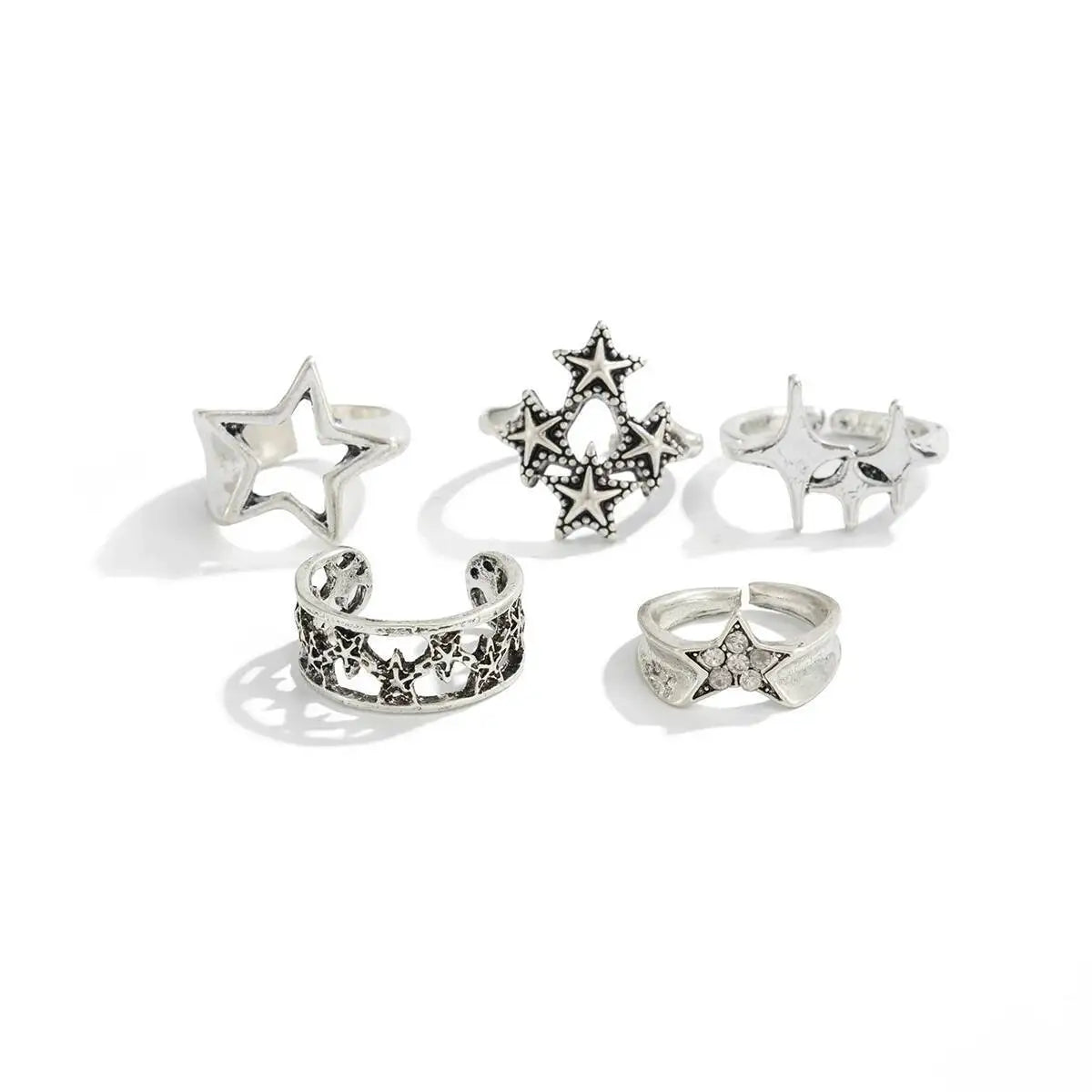 5Pcs Hip Hop Hollow Out Stars Open Rings Set for Men Gothic Geometric Pentagram Adjustable Knuckle Ring Party Jewelry New