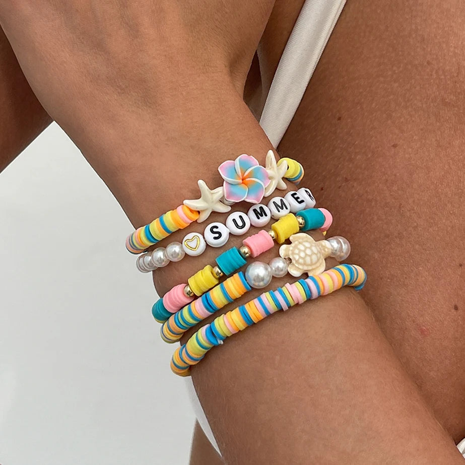 5Pcs/Set Romantic Tiny Flower Plastic Turtles Chain Bracelets Women Boho Polymer Clay Charm Bangles Y2K Summer Jewelry