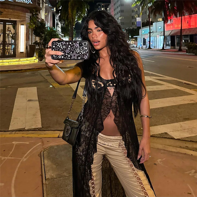 Sexy Leopard Lace Mesh Shirts See Through Black Tank Top Woman Summer Clothes Y2k Camisole Club Wear