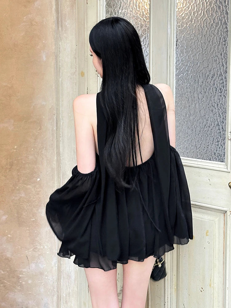 Folds Dress Women Multilayer Mesh Y2K Elegant Flare Sleeve Low-Neck Backless Sexy Midnight Summer Trend Mini Bodycon