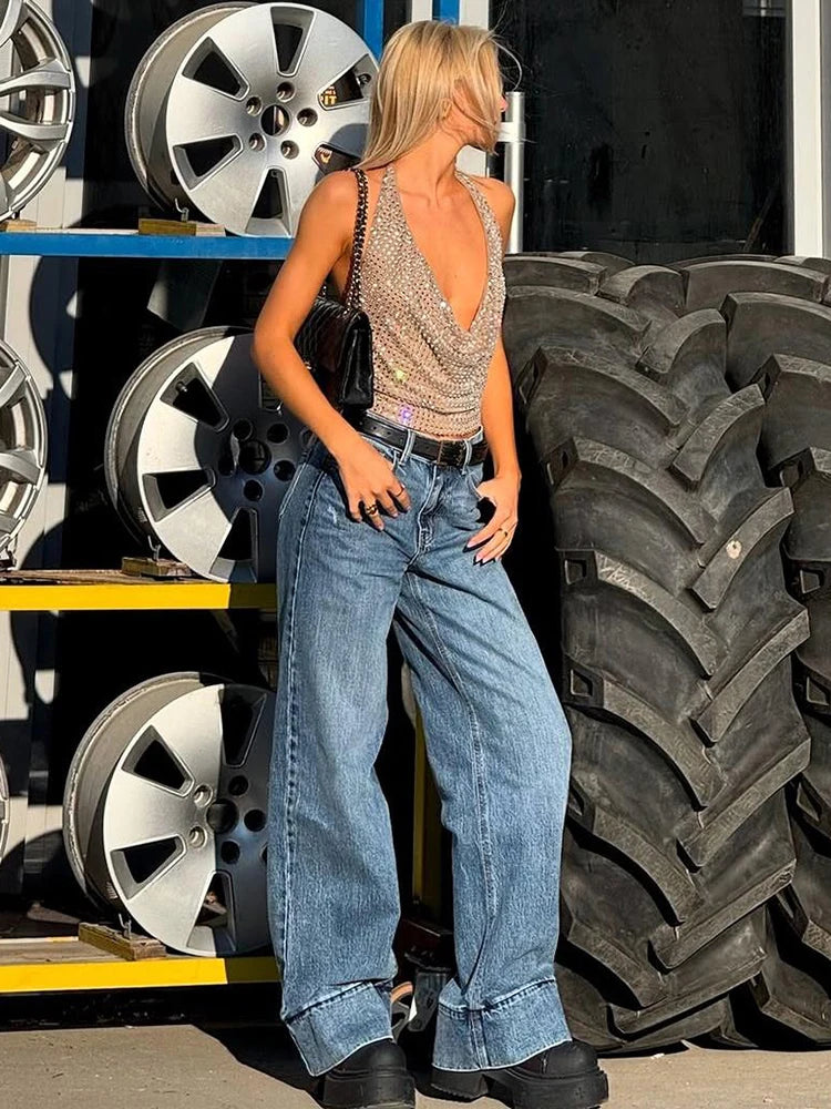 Sequins Backless Sexy Tank Tops Swing Collar Summer Sleeveless Pleated Lace-Up Halter Party Streetwear Skinny Vest