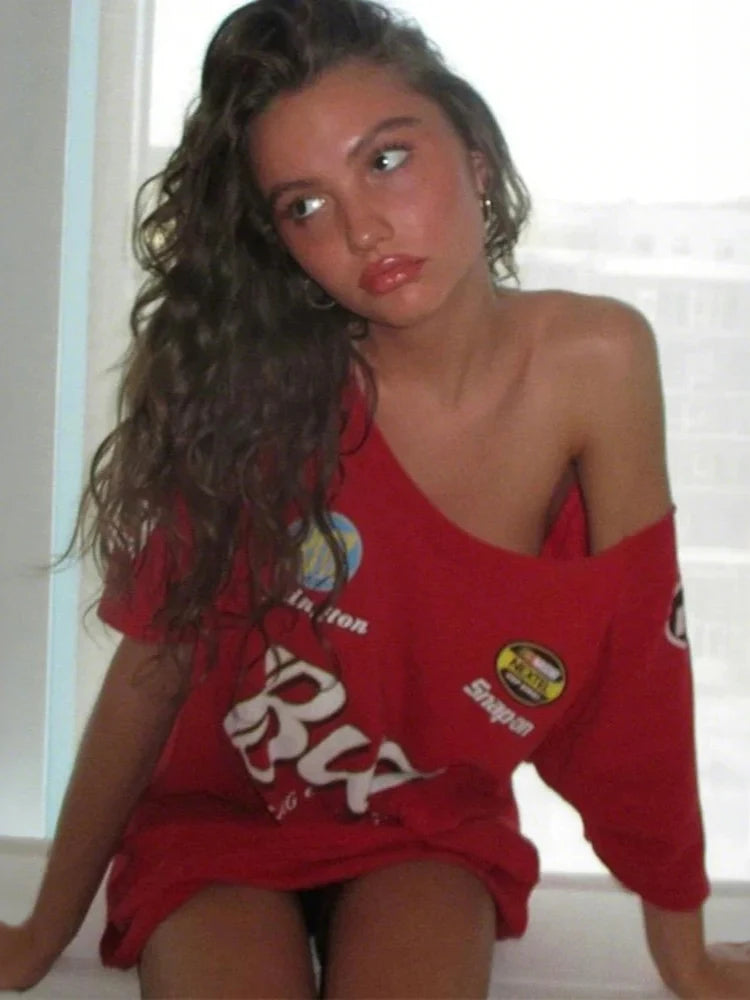 Letter Print t-Shirt Women Flash Enlarged Collar Hipster Hip-Hop Style Street Trend Summer Basic Daily Summer Tops