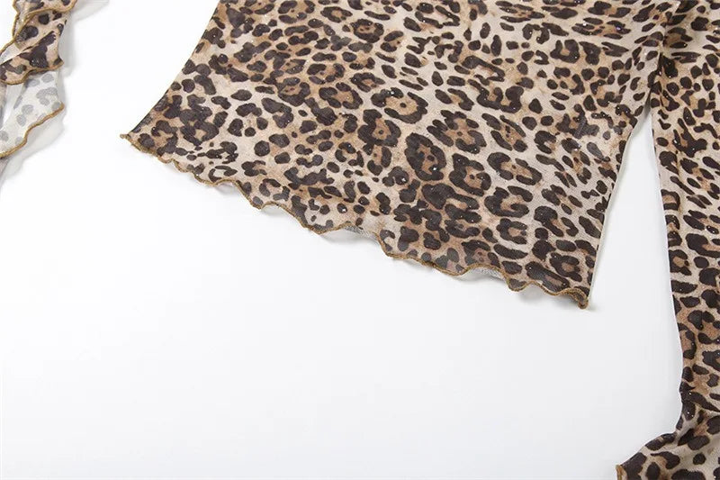Leopard Print Mesh Asymmetrical Tops Sexy Lace Up One Shoulder Long Sleeve Shirts Woman Clothes