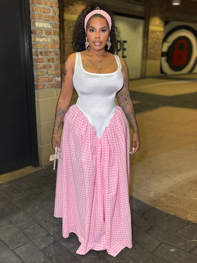 Patchwork Plaid Maxi Dress Women Square Collar Sleeveless Folds Loose Hem Summer Midnight Birthday Party Vestidos