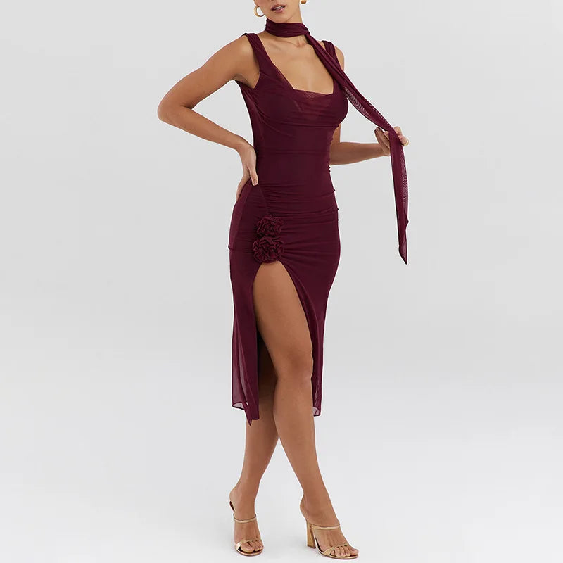 Sleeveless Backless Slit Midi Dress Women Elegant Party Club Wear Outfits Sexy Summer Dressess