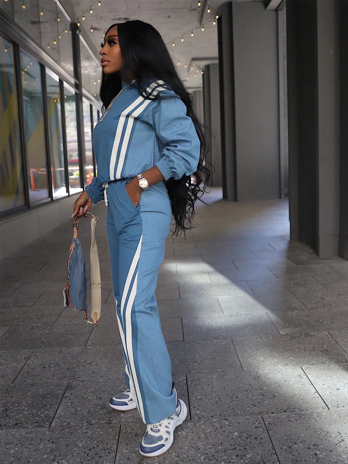 Autumn Trend 2 Piece Set Women Stripes Patchwork Full Sleeve Pullover+Drawstring Pants Casual Sporty Street Tracksuit