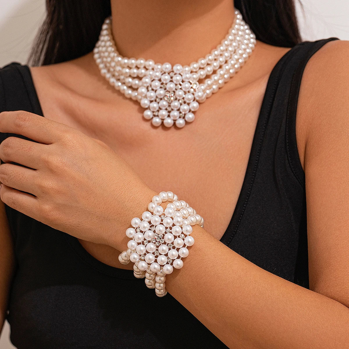 2Pcs Elegant Multilayer Imitation Pearl Chain Necklace Bracelet Women Wed Bridal Flower Choker Aesthetic Jewelry Set