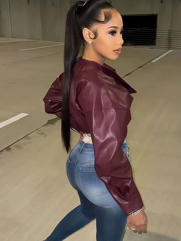 Single Button Crop Jacket Women Hipster Irregular Faux Leather Fall Trend Wild Basic Sexy Cross Neck Streetwear Coat