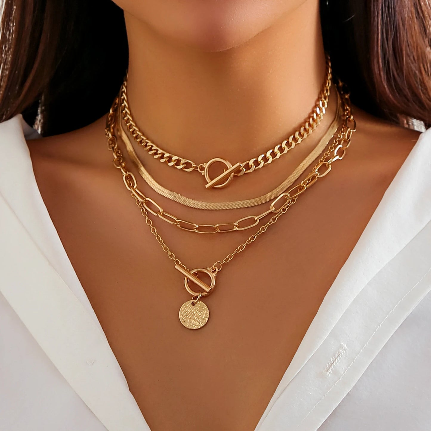 Vintage Multilayer Coin OT Buckle Pendant Choker Necklace for Women Trendy Collar Punk Flat Snake Chain Aesthetic Jewelry Gift