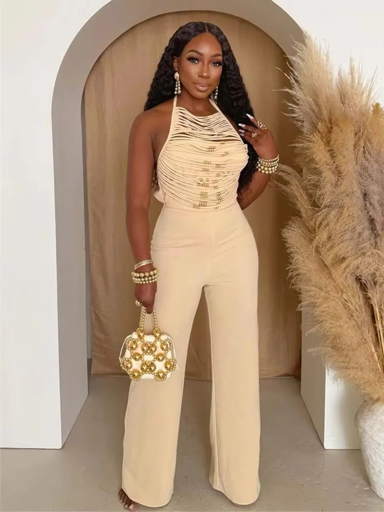 Sexy Hollow Beads Decoration Flared Jumpsuits Women Lace-Up Halter Sleeveless Backless 2025 Street New Trend Overalls