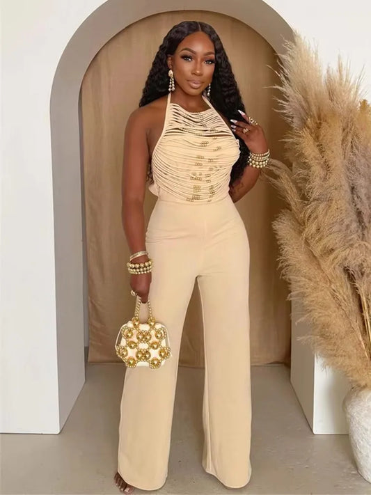 Sexy Hollow Beads Decoration Flared Jumpsuits Women Lace-Up Halter Sleeveless Backless 2025 Street New Trend Overalls