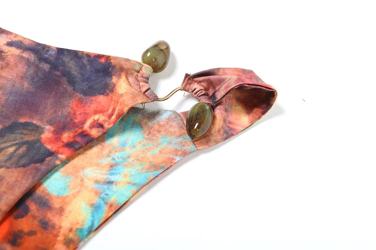 Fashion Print Metal Buckle Patchwork 2 Piece Set Women Lace-Up Halter Bra+Skinny Briefs Vacation Beach Party Outfits